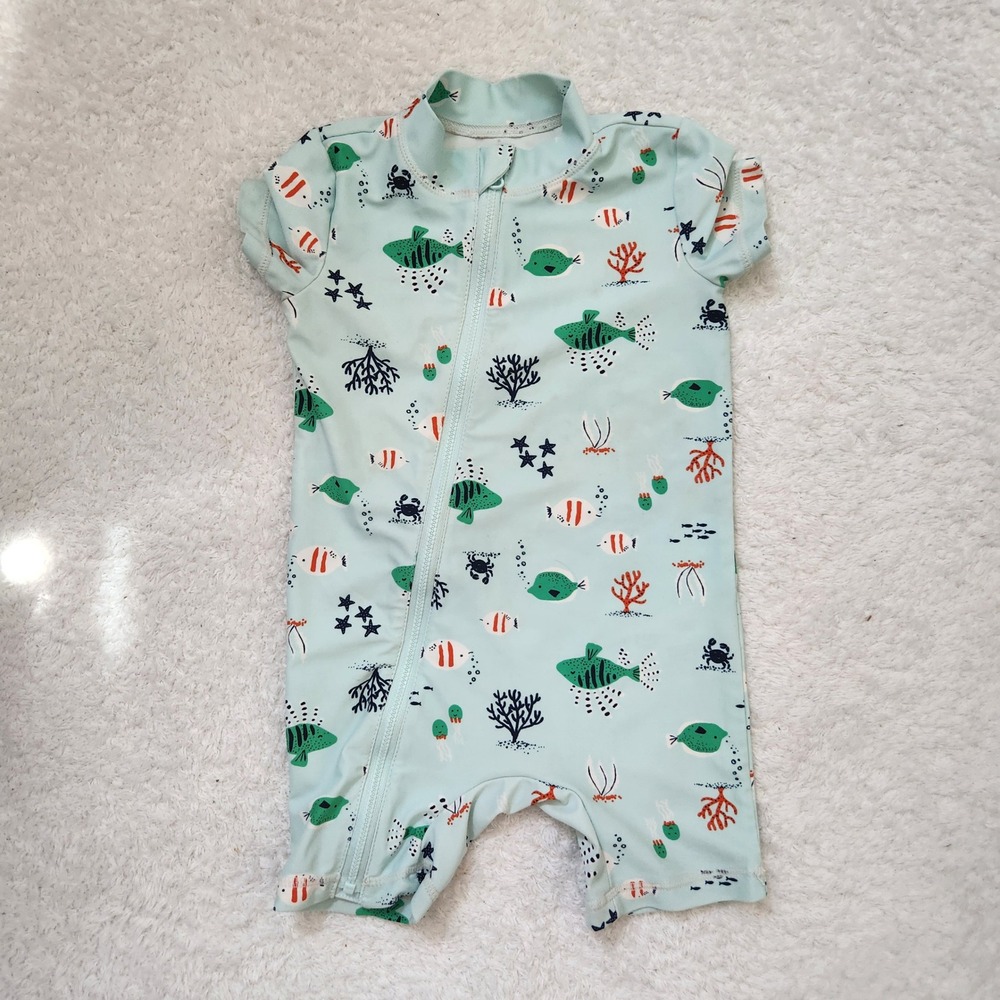 Carters 24M Light Blue Fish Print One Piece Rash Guard Swimsuit Short Sleeve Zip